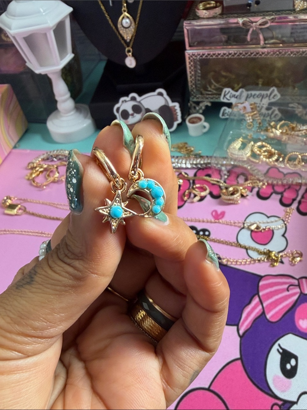 Gold Star and Moon Turquoise Charm Earrings - Blue